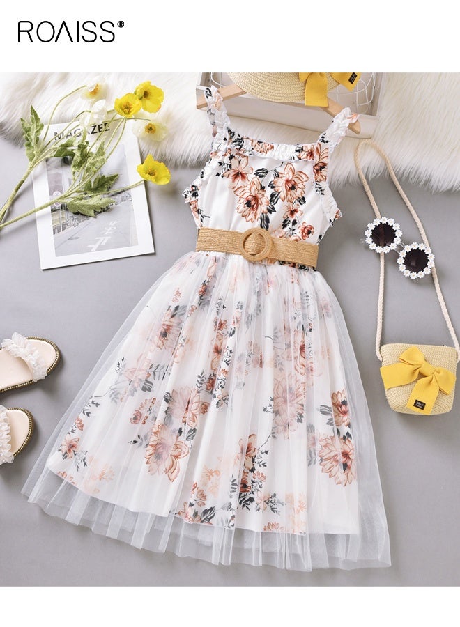 Girls' Floral Sundress, Summer Sleeveless Square Neckline Cami Dress with Mesh Design, Comfortable Breathable Casual Strap Dress, Warm Weather Outfit for Beach Vacation Holiday Birthday Party.